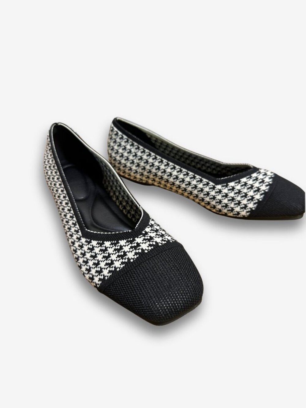 Black White Knit Ballet Flats Square Toe Cap Toe Shoes 8.5